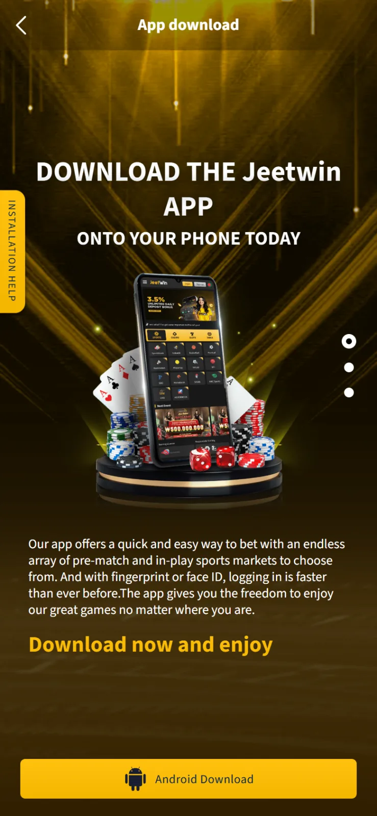 Jeetwin app download page on an Android phone with the Android Download button