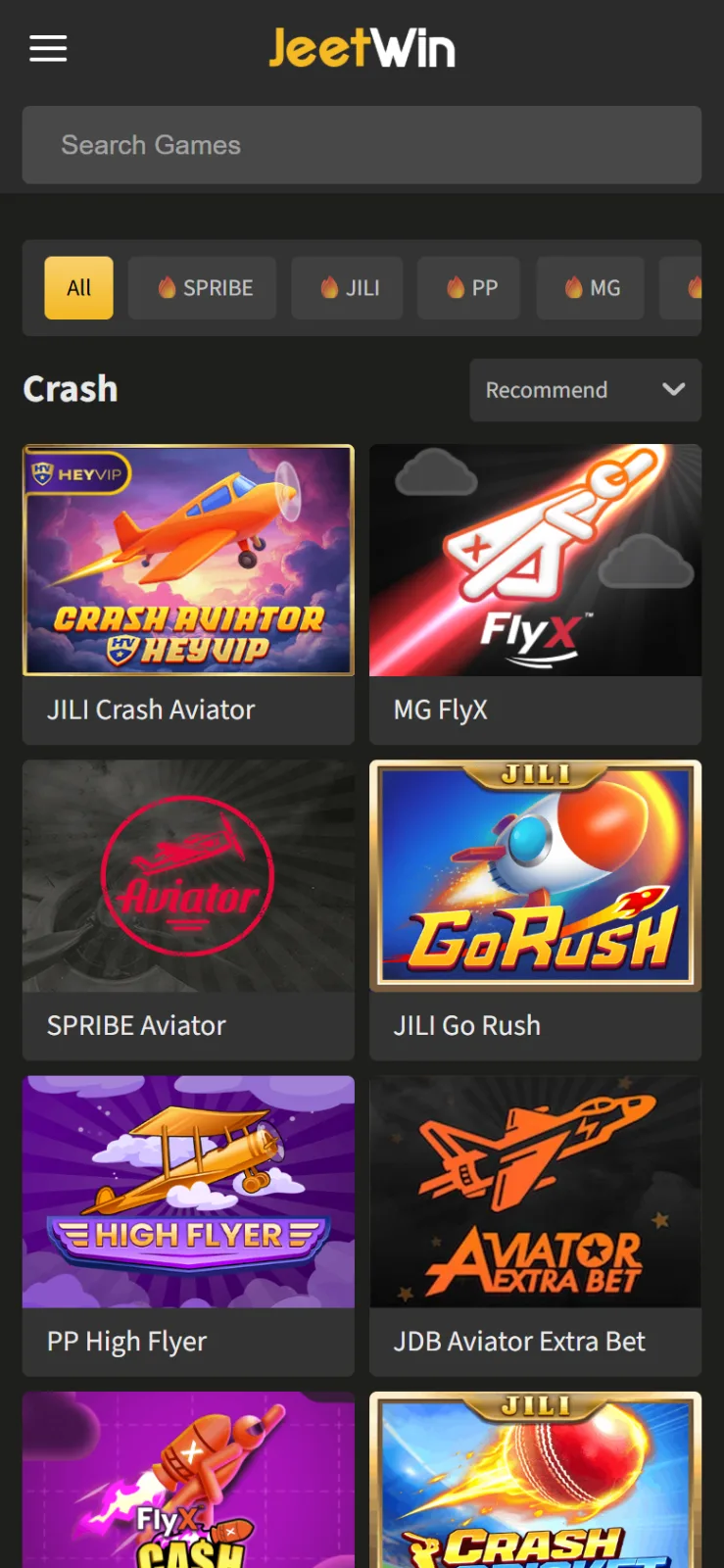 Crash section of the Jeetwin lobby on a phone with JILI, MG and SPRIBE Aviator games
