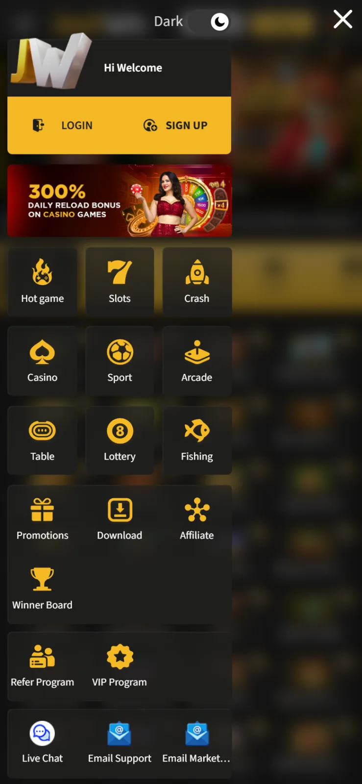 Jeetwin mobile menu with game sections, Promotions, Download and Live Chat