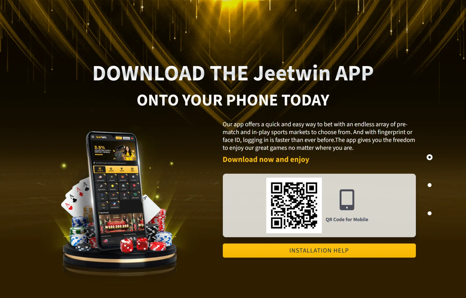 Official Jeetwin app download page on a computer with a QR code for mobile and Installation help