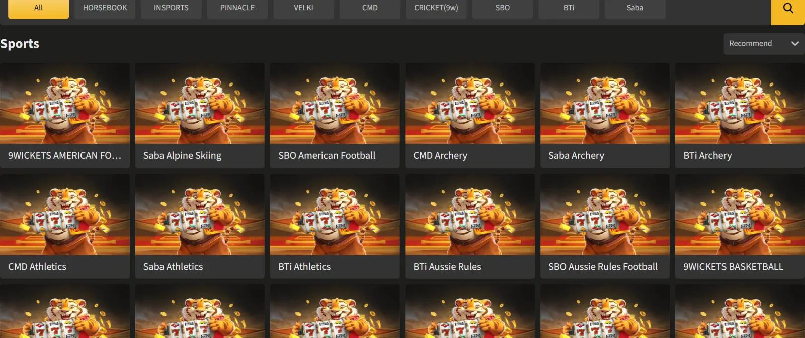 Sport tab of the Jeetwin lobby with provider chips 9WICKETS, SBO, SABA, CMD, BTi, HORSE and PINNACLE