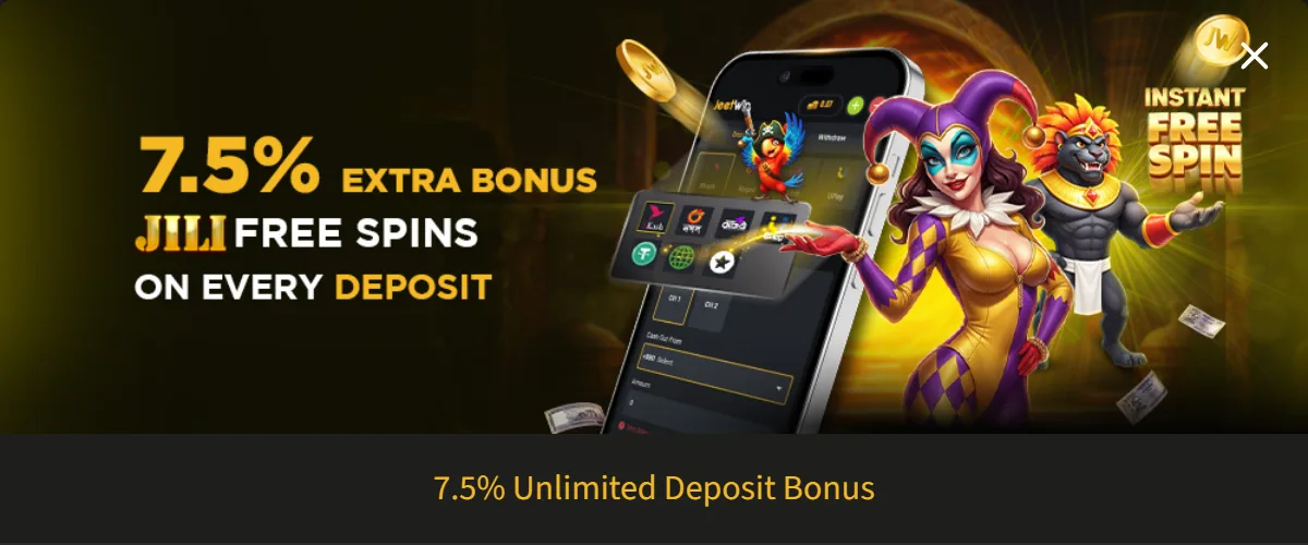 Jeetwin banner for the 7.5% Unlimited Deposit Bonus with JILI free spins on every deposit