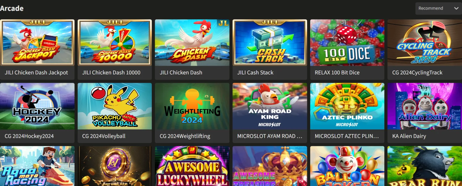 Arcade tab of the Jeetwin casino lobby with instant game tiles from PG, JDB and FC