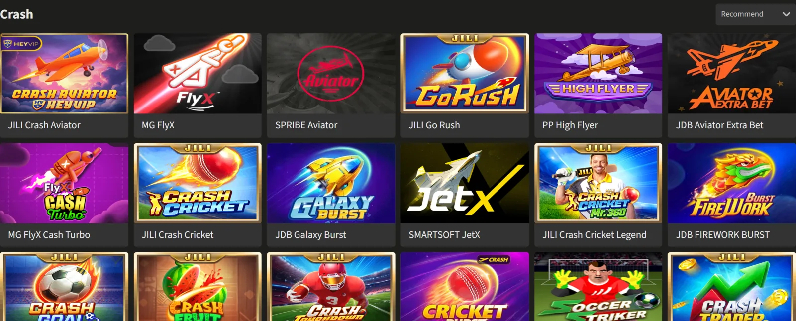 Crash tab of the Jeetwin casino lobby with Aviator, JetX and other multiplier game tiles