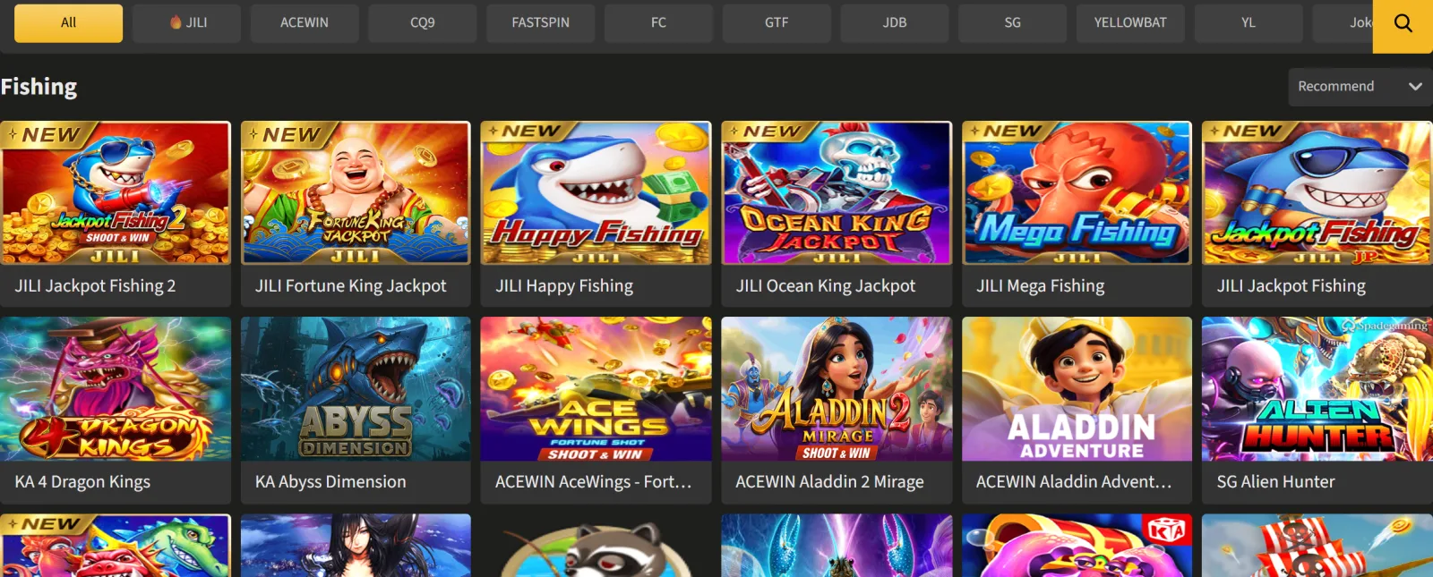 Fishing tab of the Jeetwin casino lobby with JILI, JDB and FC shooter game tiles