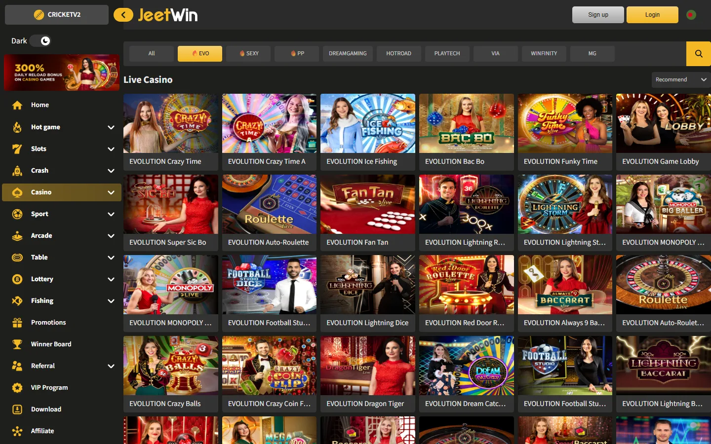 Jeetwin Casino tab filtered to Evolution with Crazy Time, Lightning Roulette and Bac Bo live tiles