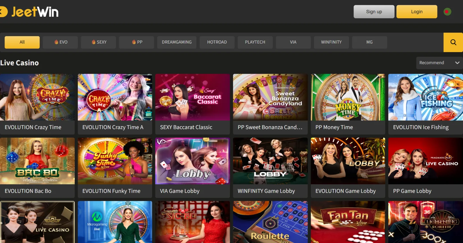 Jeetwin casino lobby on the Live Casino tab with studio chips and live dealer table tiles