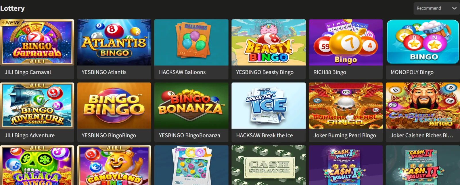 Lottery tab of the Jeetwin casino lobby with bingo and keno-style draw game tiles