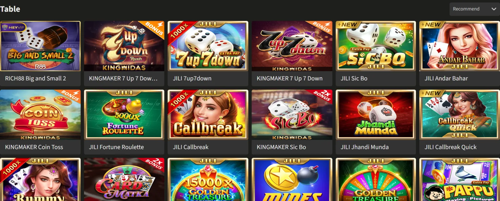 Table tab of the Jeetwin casino lobby with digital card, dice and roulette game tiles