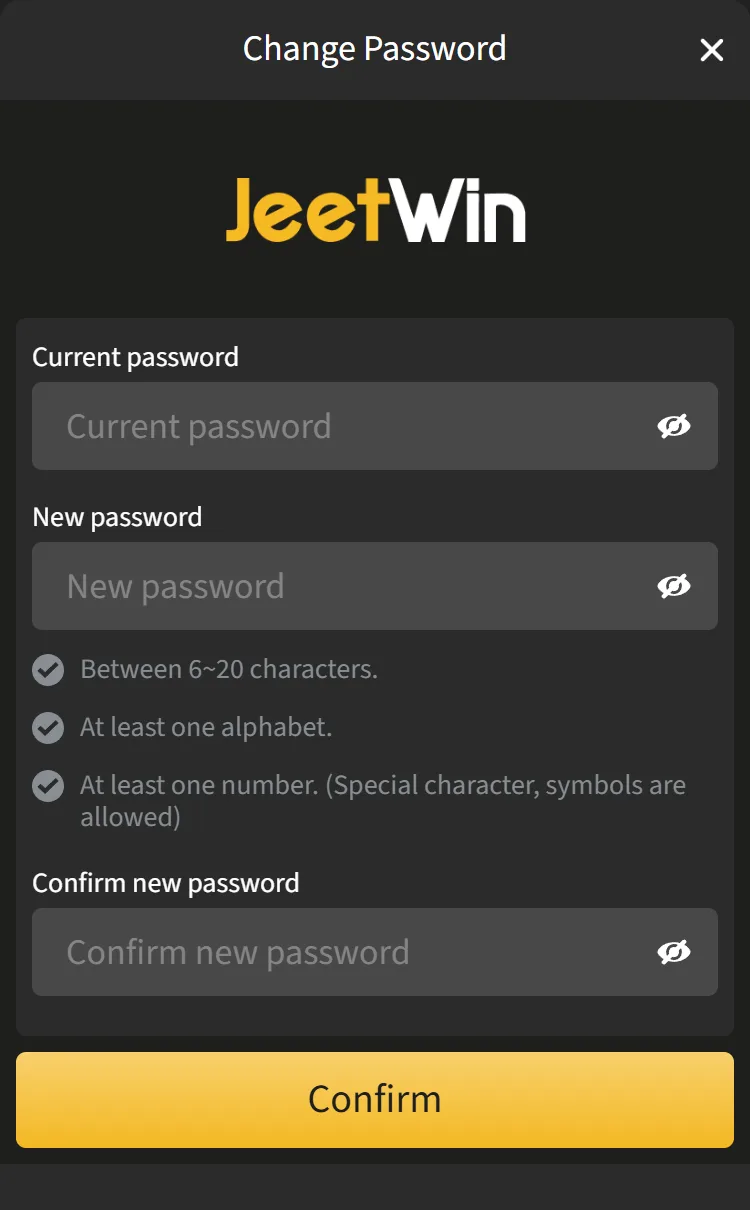 Change Password form with current password, new password rules and the Confirm button