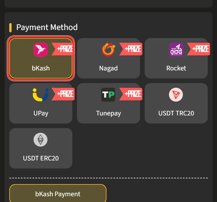 Deposit method tiles for bKash, Nagad, Rocket, UPay, Tunepay and USDT with the bKash Payment channel button