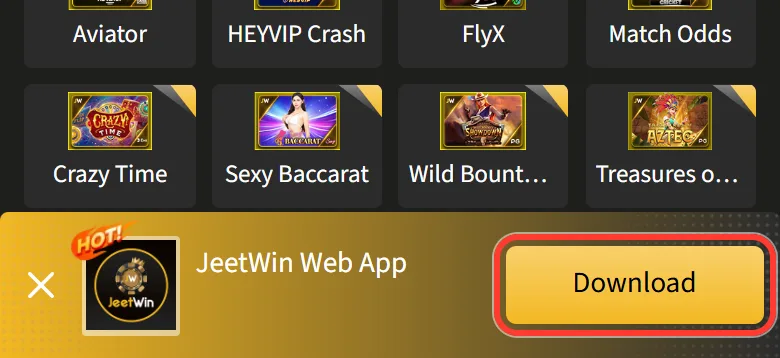 JeetWin Web App bar with a Download button at the bottom of the Jeetwin site on an iPhone