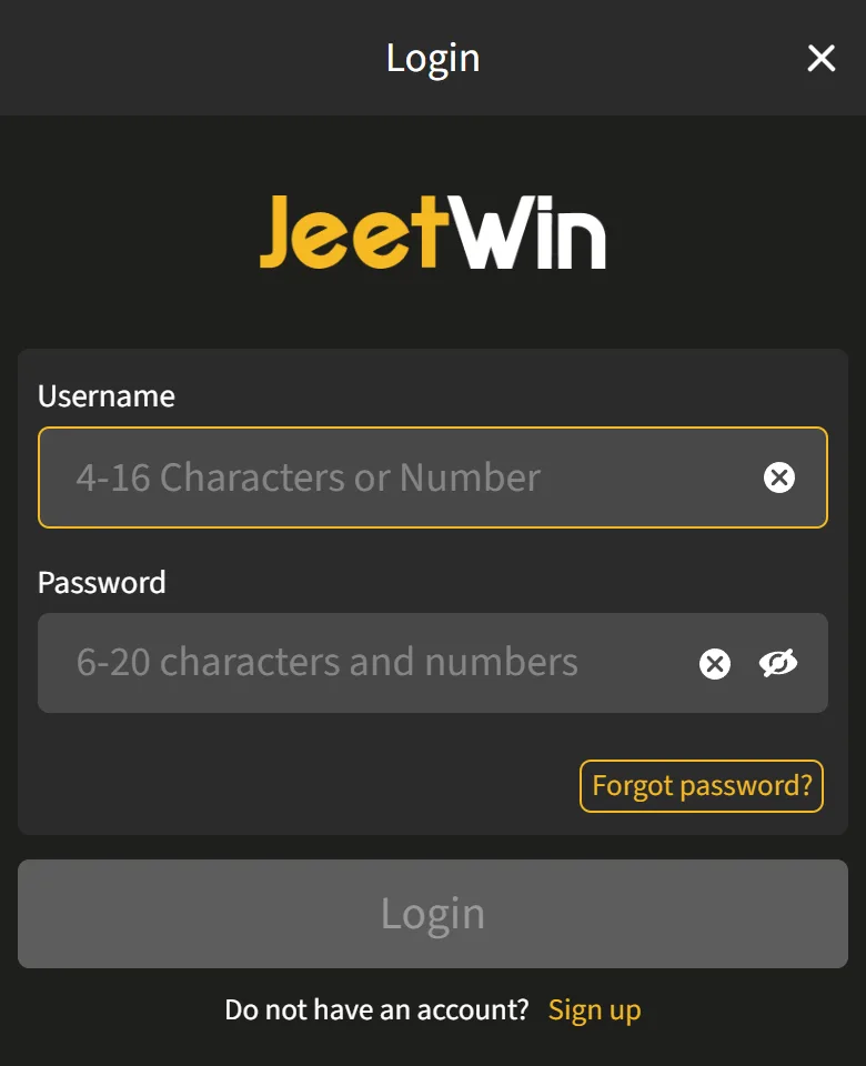 Jeetwin login window opened on an Android phone with Username and Password fields