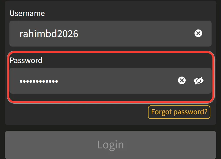 Password field with hidden characters on the Jeetwin login window