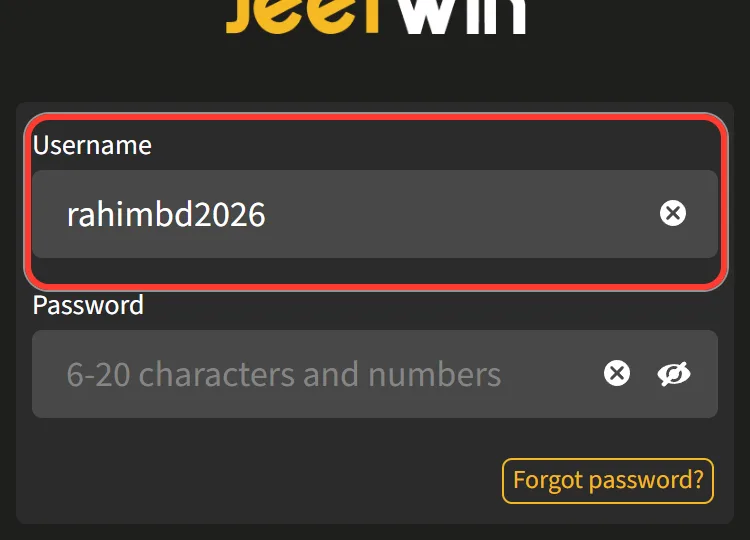 Username field filled in on the Jeetwin login window