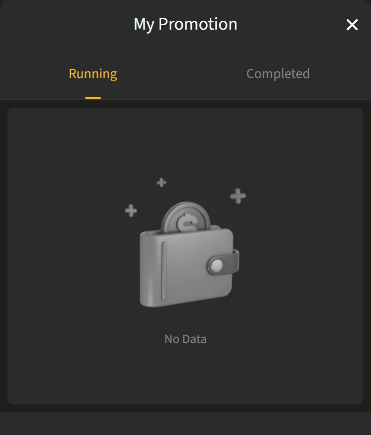 My Promotion window in the Jeetwin account with the Running and Completed tabs