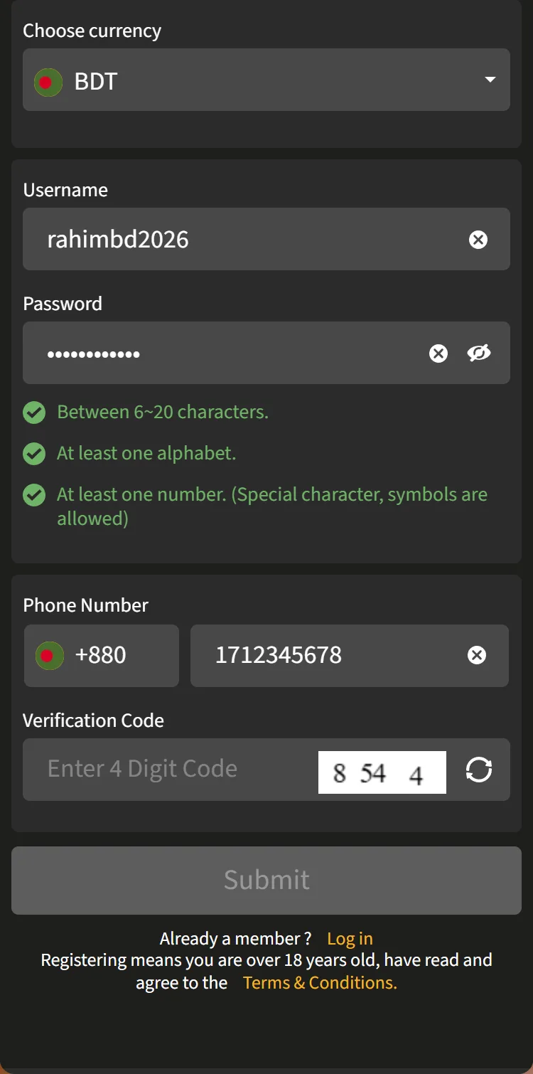 Complete Jeetwin registration form with currency, username, password, phone and code fields
