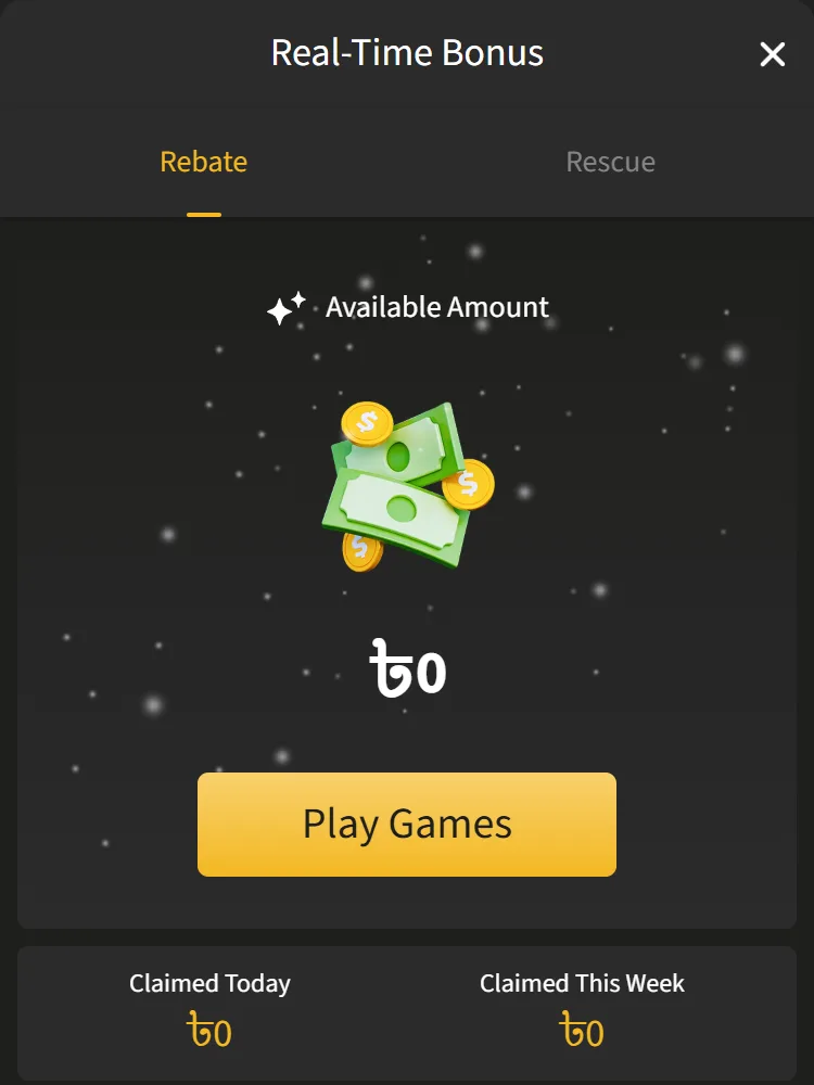 Real-Time Bonus window in the Jeetwin account with the Rebate tab open next to the Rescue tab