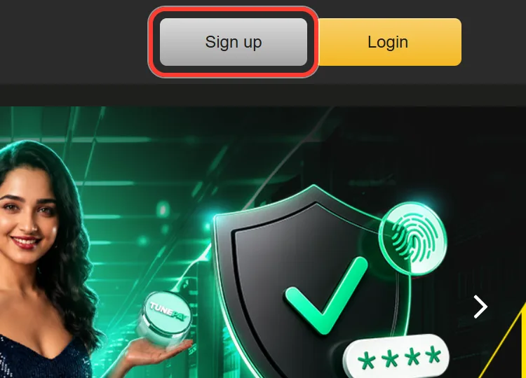 Sign up button in the top right corner of the Jeetwin site, next to Login