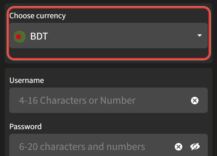 Choose currency field on the Jeetwin sign up form set to BDT