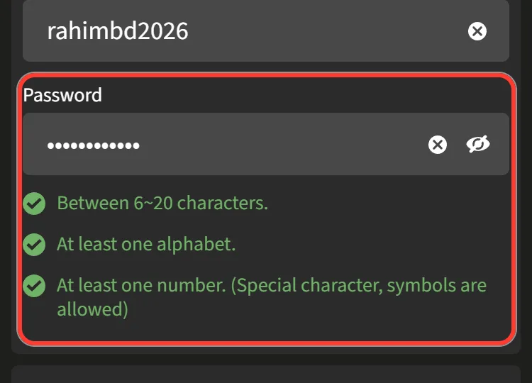 Password field with three green rule checks for 6-20 characters, a letter and a number