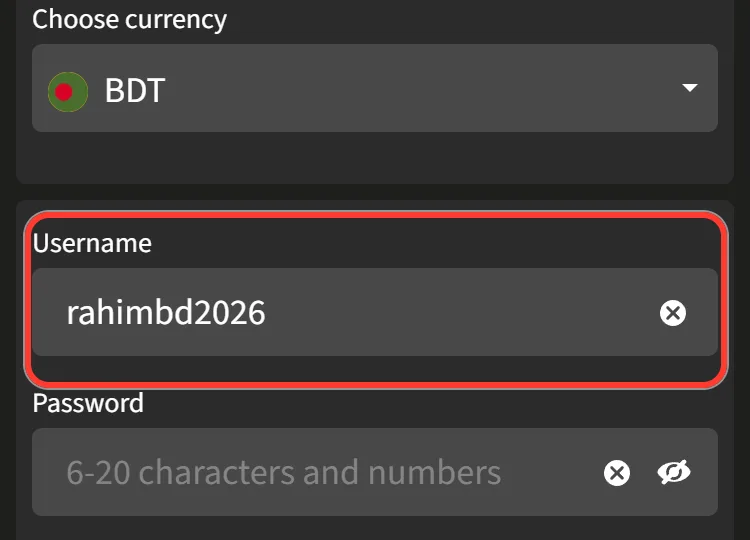 Username field filled in on the Jeetwin registration form