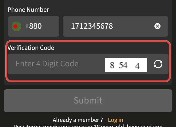 4-digit picture verification code with a refresh icon on the sign up form