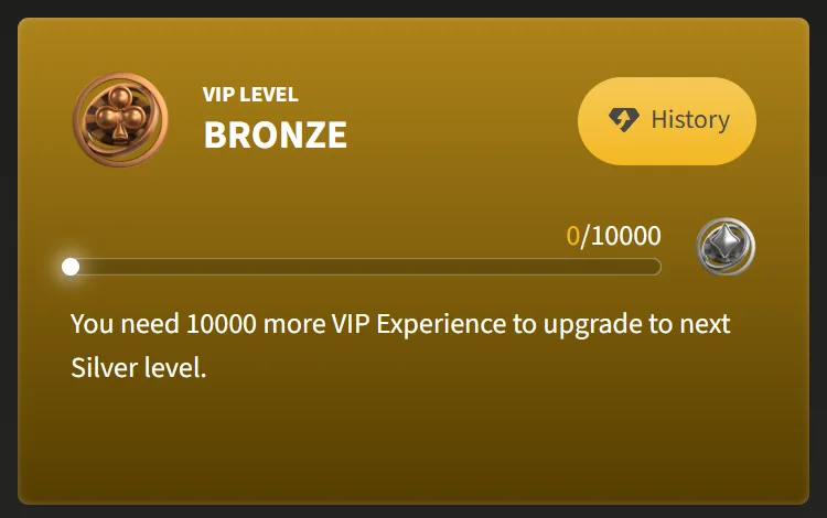 My VIP card at Bronze level with the progress bar at 0 of 10000 and the History button