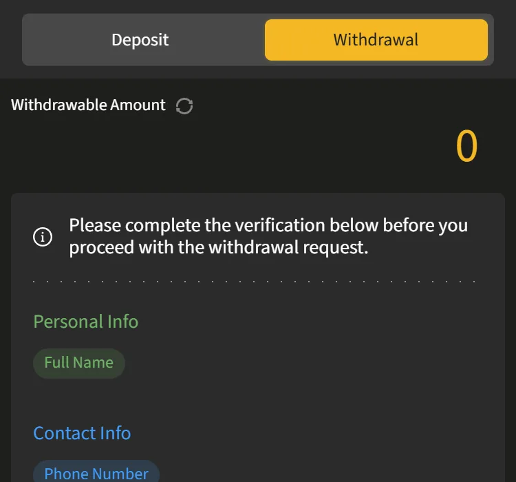 My wallet Withdrawal tab with the Withdrawable Amount and Full Name requirement