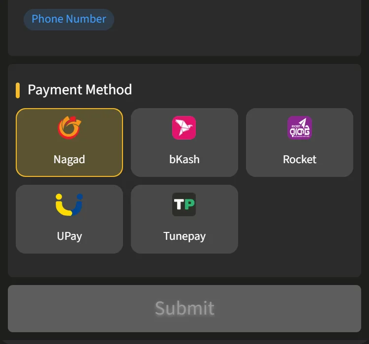 Withdrawal method tiles for Nagad, bKash, Rocket, UPay and Tunepay